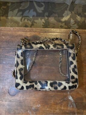 Leopard Print Clear-Window Crossbody Bag - Gold Chain